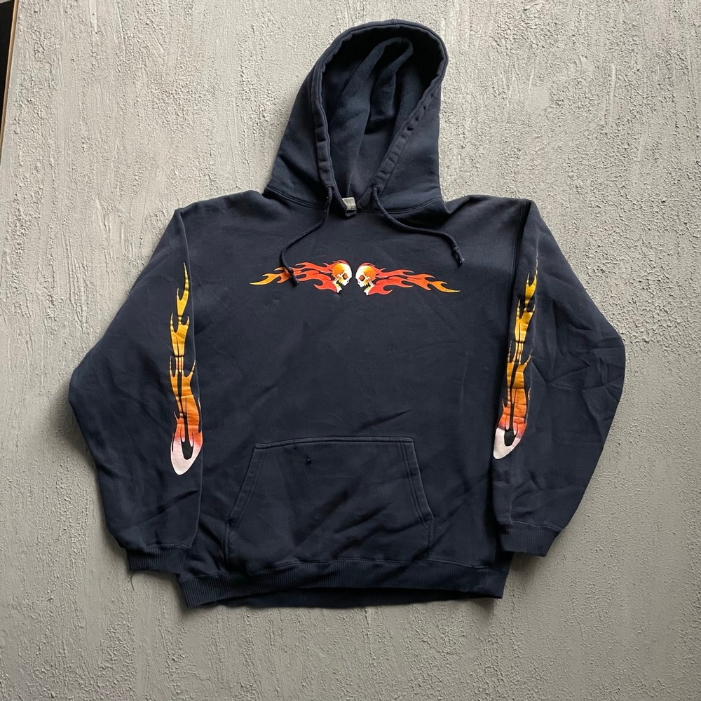 Vintage Skull Flame Graphic Hoodie Mens Large Black 2000s Gildan